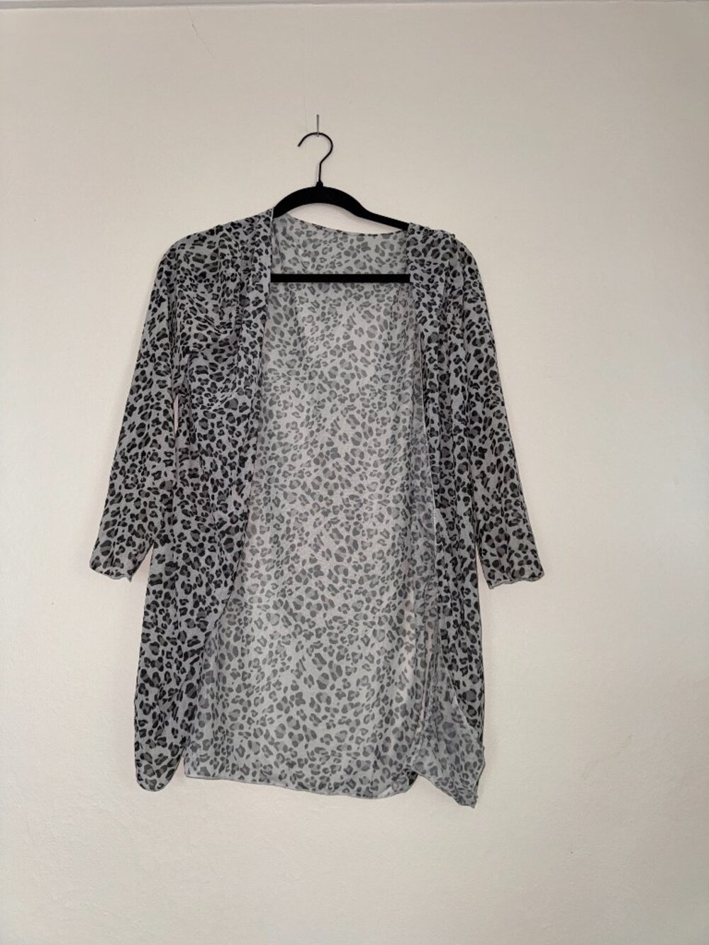 Grey Leopard Print Sheer Mesh Open Front Kimono Cover Up